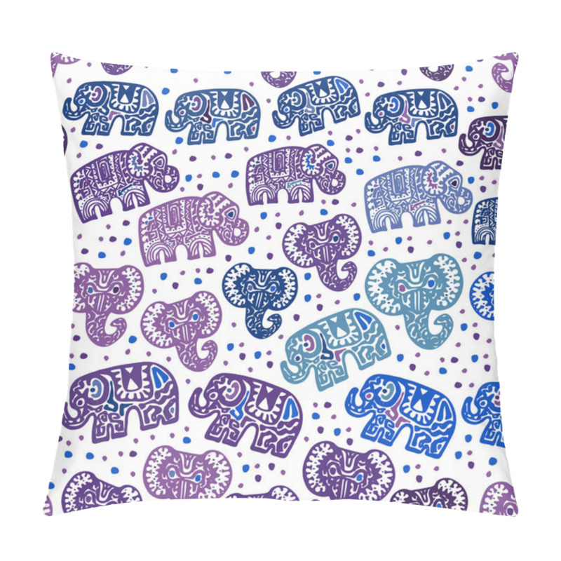 Personality  Beautiful Seamless Pattern Indian Elephant With Polka Dot Ornaments. Hand Drawn Ethnic Tribal Decorated Elephant. Blue Purple Lilac Contour Isolated On White Endless Background. Vector Illustration Pillow Covers