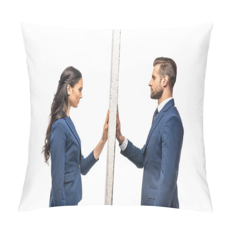 Personality  Businessman And Businesswoman In Suits Separated By Wall Isolated On White Pillow Covers