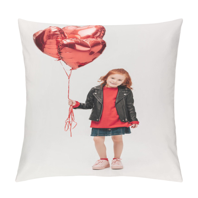 Personality  Adorable Little Girl With Balloons In Shape Of Hearts Isolated On Grey Pillow Covers