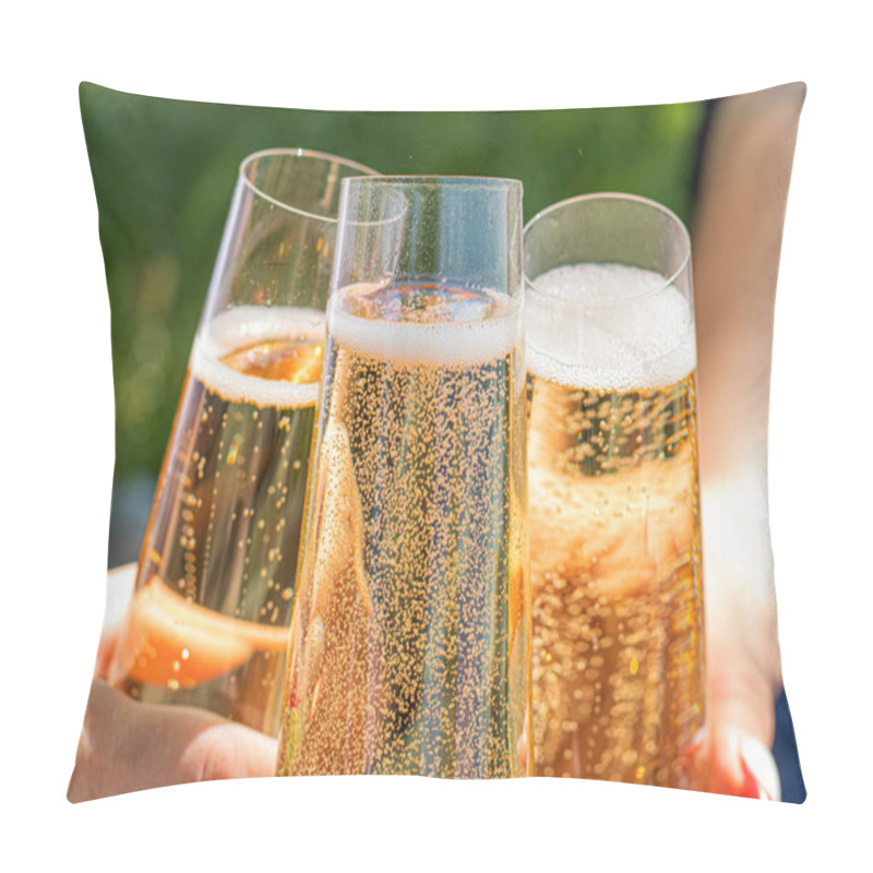 Personality  Women Drinking Wine. Three Glasses White Wine In Female Hands. Flute Glass Of Champagne With Bubbles Outdoors Isolated Against. Garden Scene Blurred In The Background. Cold Beer In Glass. Outdoor Pillow Covers