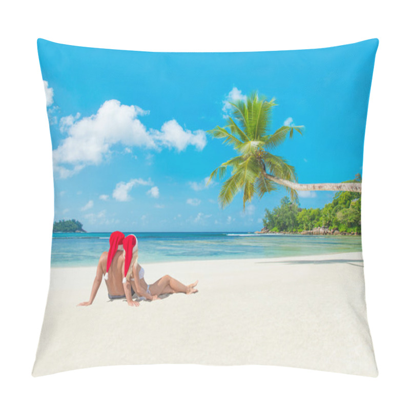 Personality  Couple In Christmas Hats At Tropical Sandy Palm Beach Pillow Covers