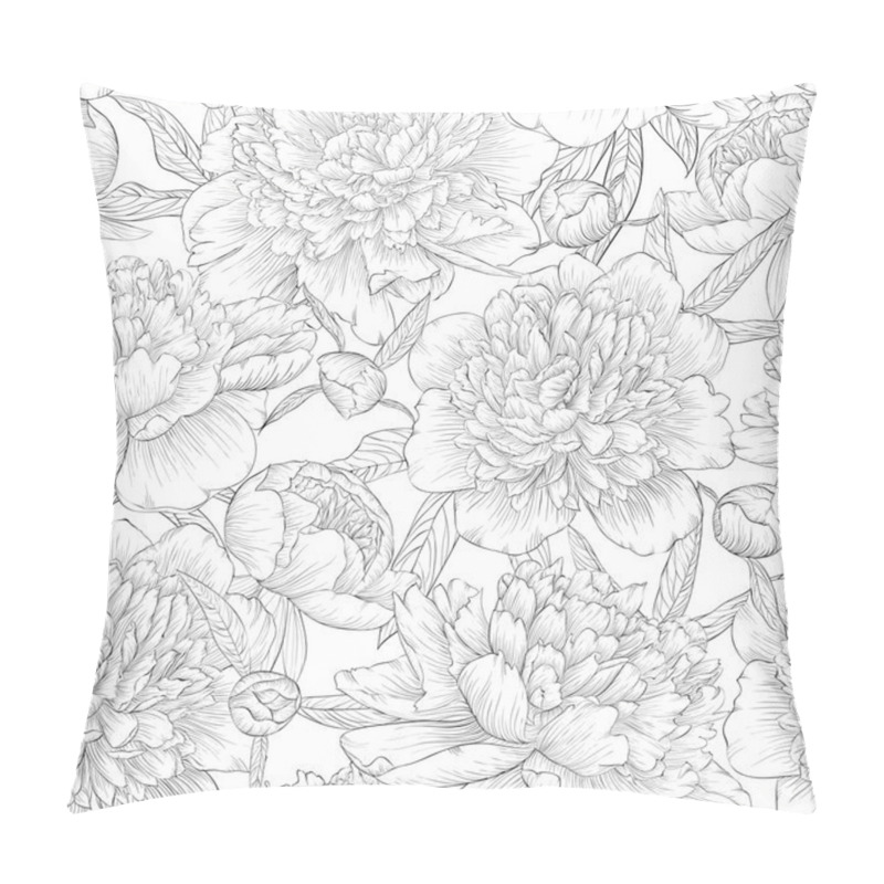 Personality  Beautiful Monochrome Black And White Seamless Background. Peonies With Leaves And Bud. Pillow Covers