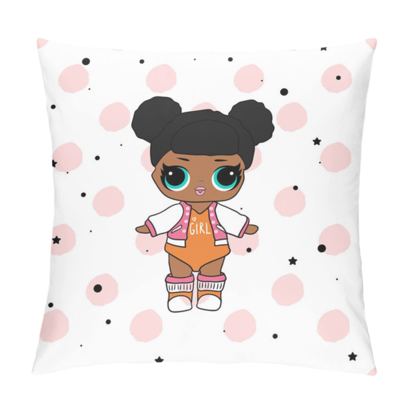 Personality  Cute Vector Lol Doll With Black And Pink Hair And Big Black Eyes. Design For Baby Girl T-shirt, Decoration Birthday Invitation, Coloring Book. Modern Kids Fashion Pillow Covers