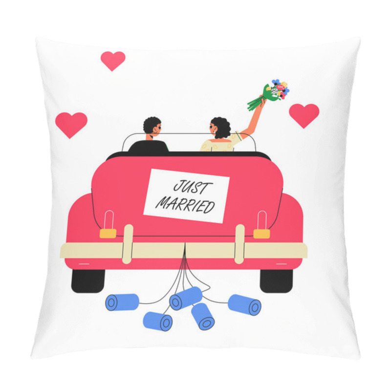 Personality  A Couple Driving Away In A Decorated Car With A Just Married Sign, Symbolizing Wedding, Romance, And Celebration, Depicted In A Flat Vector Style. Pillow Covers