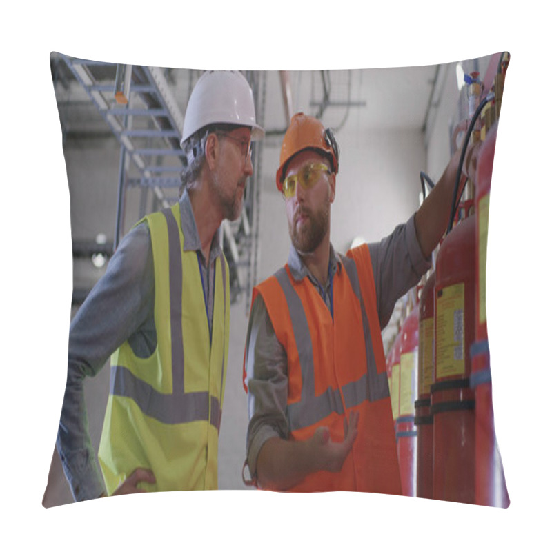 Personality  Engineers Examining Fire Extinguishers On Power Plant Pillow Covers