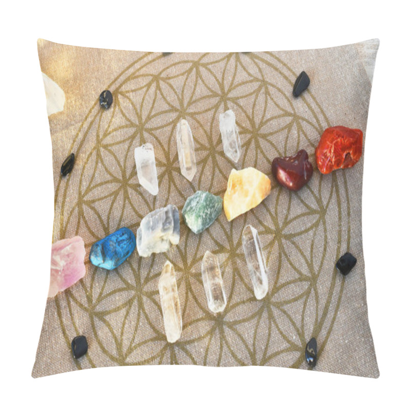 Personality  An Close Up Image Of Chakra Balancing Stones On A Sacred Geometry Grid Cloth.  Pillow Covers