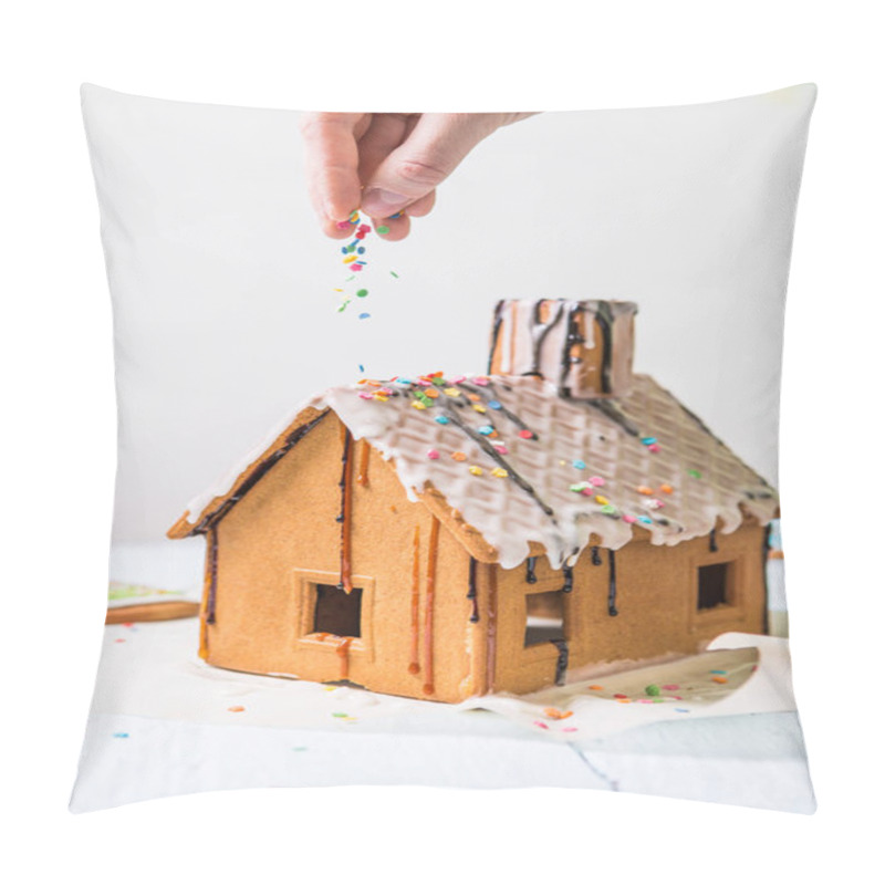 Personality  Man Sprinkles Homemade Gingerbread House Confectionery Sprinkling On White Background Pillow Covers