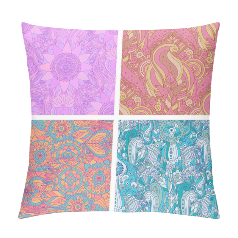 Personality  Set Of Seamless Backgrounds. Gypsy, Ethnic Oriental Boho Design, Indian Asian Or Arabic Motifs, Hippie, Arabesque, Tiled Floral Vector Patterns. Mandalas And Lotus Flower. Pillow Covers