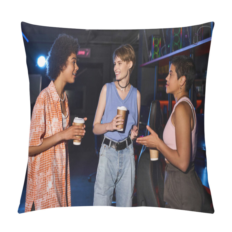 Personality  A Diverse Group Of Stylish Women Holding Coffee Cups Talking And Gathering In A Dark Room Pillow Covers