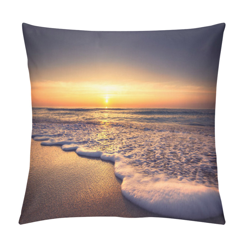 Personality  Sunrise Over The Sea And Beach. Waves Washing The Sand Pillow Covers