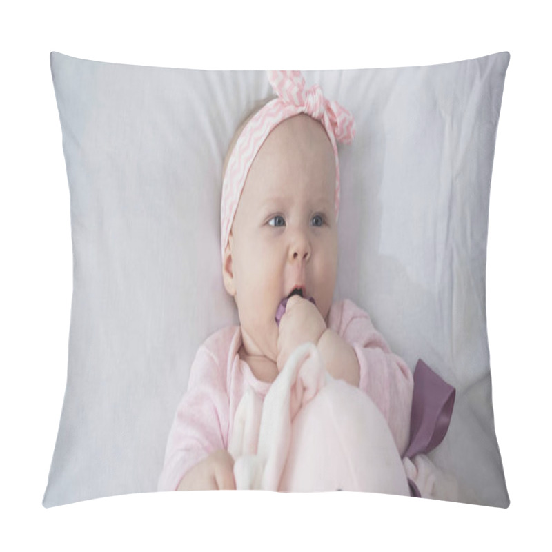 Personality  Top View Of Cute Infant Sucking Fingers Near Soft Toy  Pillow Covers