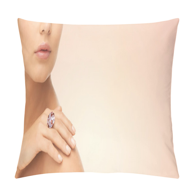 Personality  Close Up Of Woman With Cocktail Ring On Hand Pillow Covers