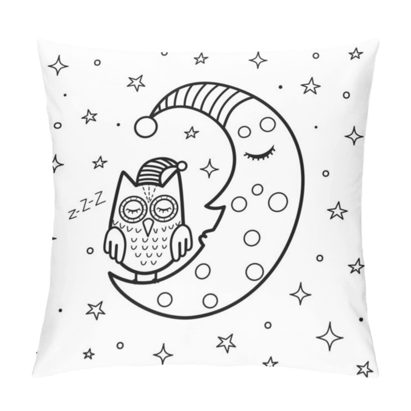 Personality  Coloring Page For Kids With A Cute Sleeping Moon And Owl. Good Night Black And White Fantasy Background Pillow Covers