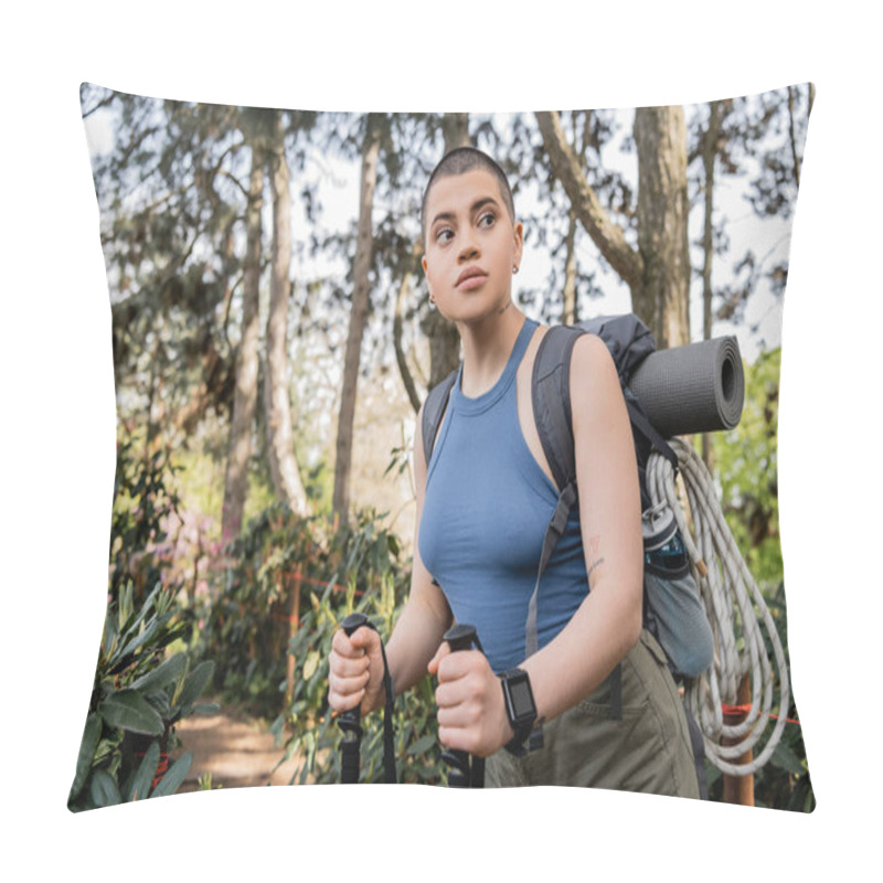 Personality  Young Short Haired And Tattooed Female Hiker With Backpack Holding Trekking Poles While Looking Away And Standing In Blurred Summer Forest, Hiking For Health And Wellness Concept  Pillow Covers