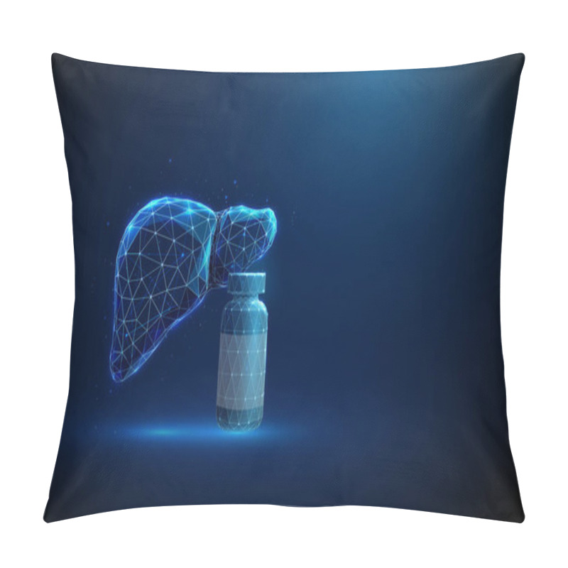 Personality  Abstract Blue Futuristic Human Liver With Bottle. Healthcare, Medical Treatment And Pharmacy Concept. Low Poly Style. Geometric Background. Wireframe Technology Neon Structure. Vector Illustration. Pillow Covers