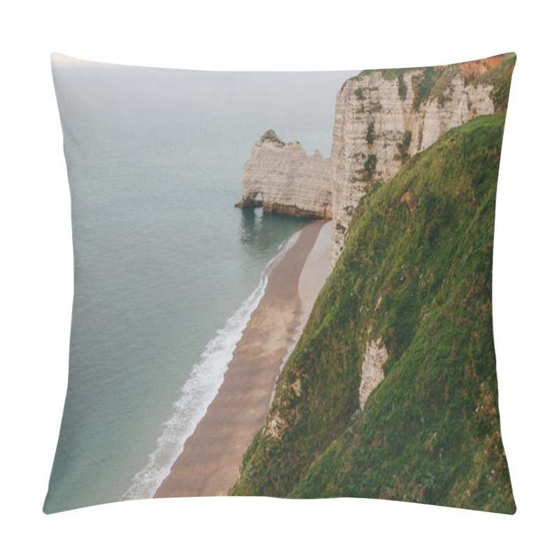 Personality  Aerial View Of Scenic Rocky Cliff With Green Grass On Foreground At Etretat, France Pillow Covers