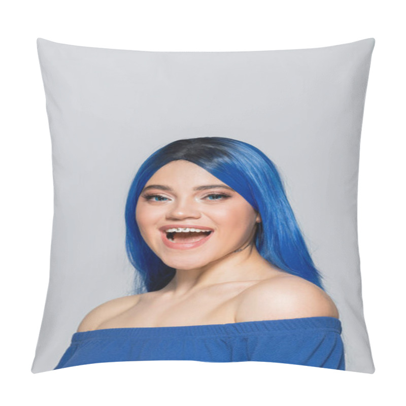 Personality  Excitement And Youth, Tattooed Woman With Blue Eyes And Dyed Hair Smiling On Grey Background, Hairstyle, Blue Hair, Modern Beauty, Self Expression, Individualism  Pillow Covers