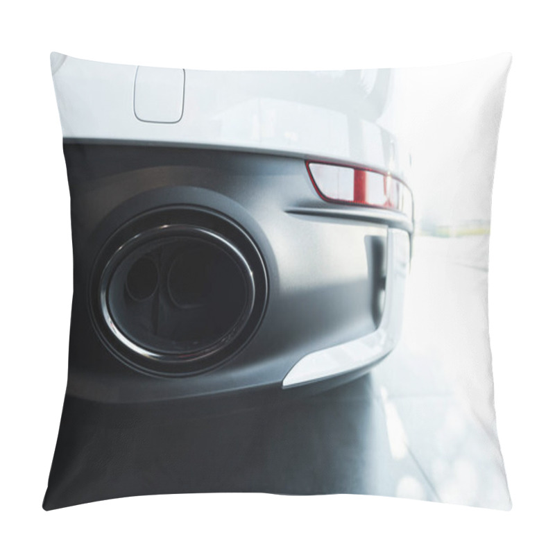 Personality  KYIV, UKRAINE - OCTOBER 7, 2019: Close Up Of Exhaust Pipe In Modern Porshe Pillow Covers