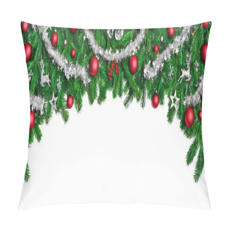 Personality  Wide Arch Shaped Christmas Border Isolated On White, Composed Of Fresh Fir Branches And Ornaments In Red And Silver Pillow Covers