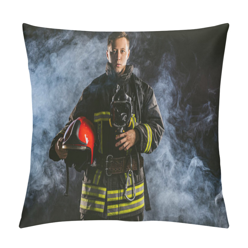 Personality  Modern Heroes. Young Fireman Isolated In Smoke Pillow Covers