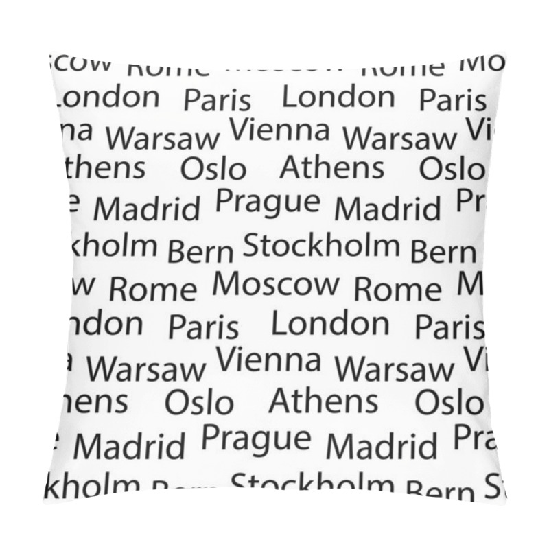 Personality  Seamless Vector Background With Names Of European Cities . Black Font On White Background. Pillow Covers