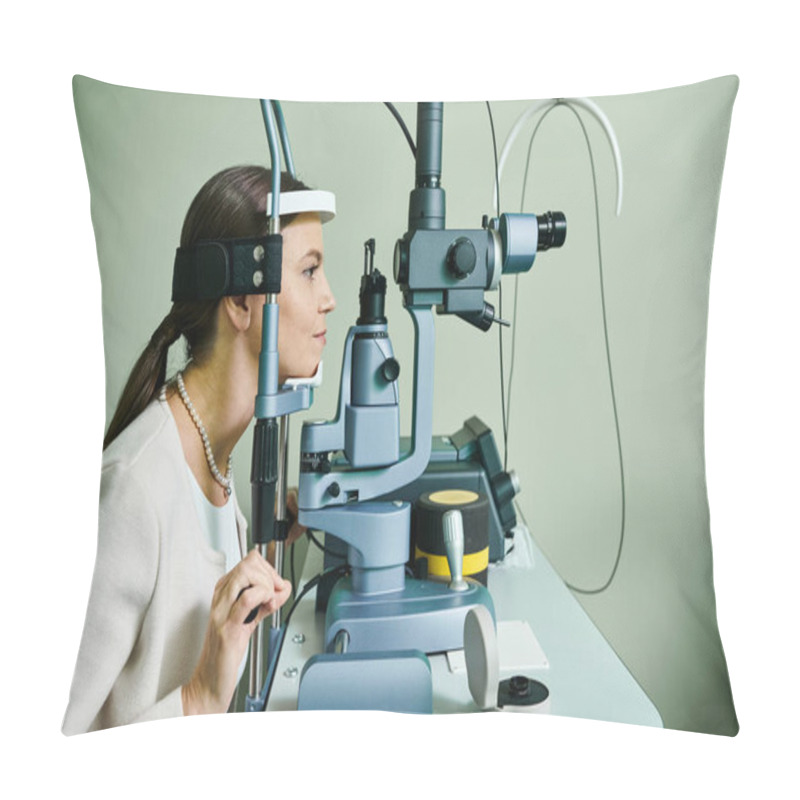 Personality  Female Patient Checking Her Vision. Pillow Covers