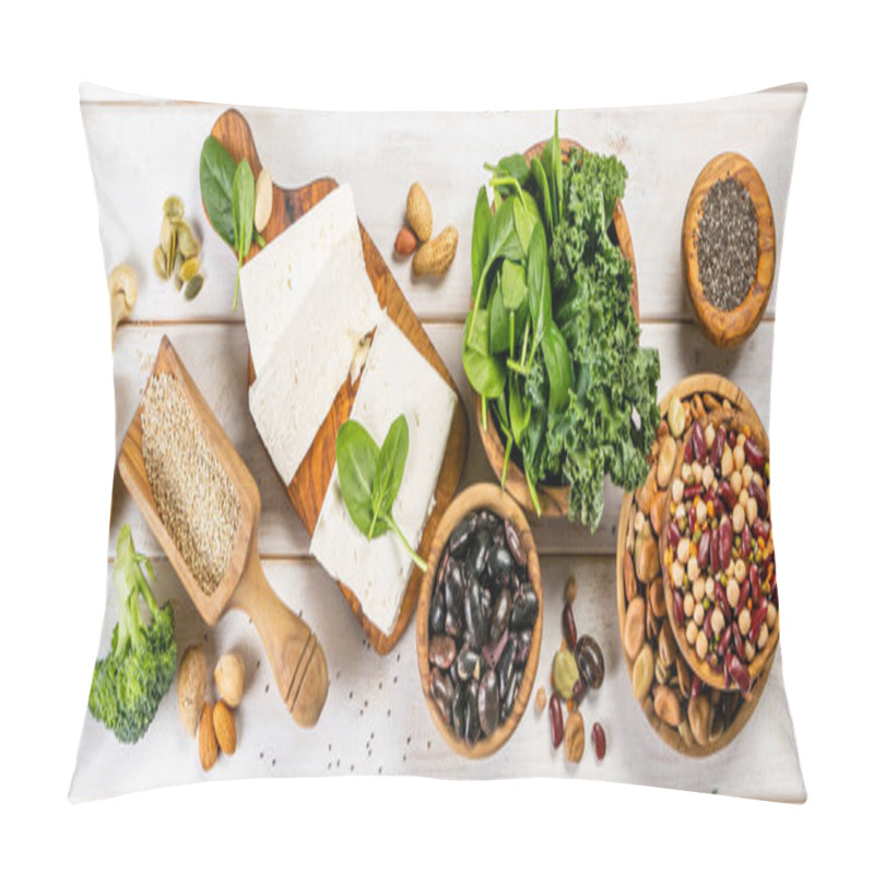 Personality  Selection Of Vegan Plant Protein Sources - Tofu, Quinoa, Spinach, Broccoli, Chia, Nuts And Seeds, Wood Background Pillow Covers