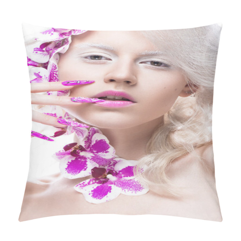 Personality  Beautiful Girl With Art Make-up, Flowers, Curls And Long Nails. Manicure Design. The Beauty Of The Face. Pillow Covers