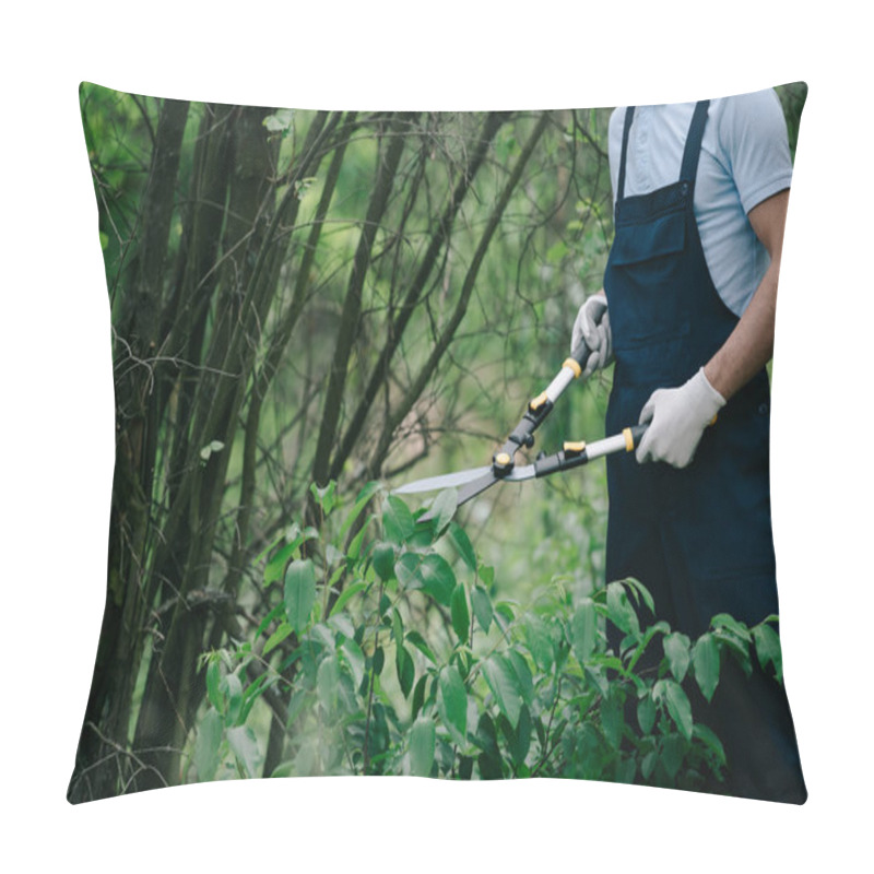 Personality  Cropped View Of Gardener Cutting Bushes With Trimmer In Park Pillow Covers