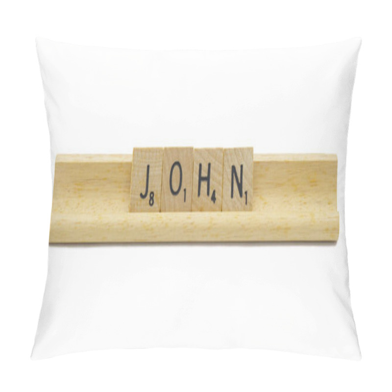 Personality  Miami, FL 4-18-24 Popular Baby Boy First Name Of JOHN Made With Square Wooden Tile English Alphabet Letters With Natural Color And Grain On A Wood Rack Holder Isolated On White Background Pillow Covers