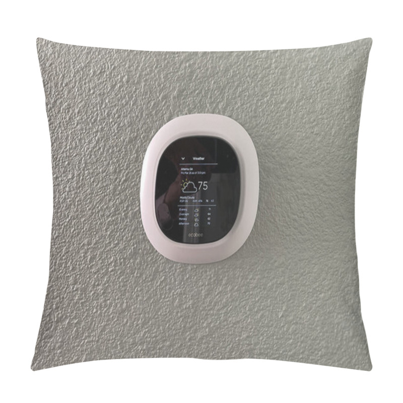 Personality  Atlanta, GA USA - March 26, 2021: An Ecobee Smart Thermostat In A Home. Pillow Covers