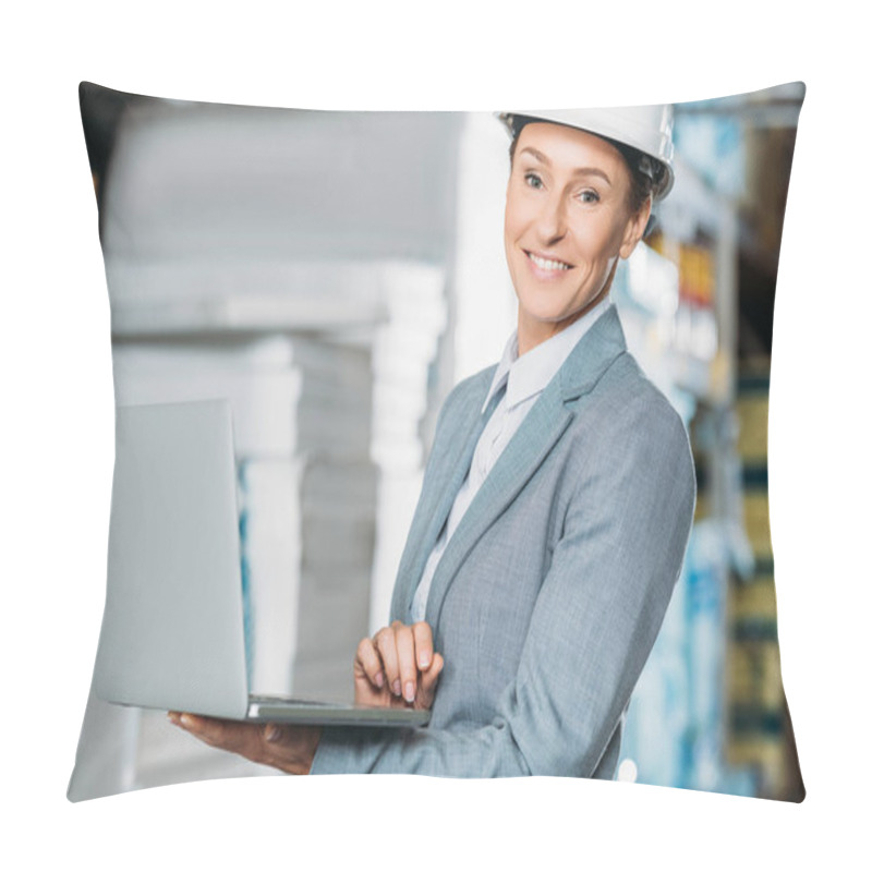 Personality  Female Inspector In Helmet With Laptop In Warehouse Pillow Covers