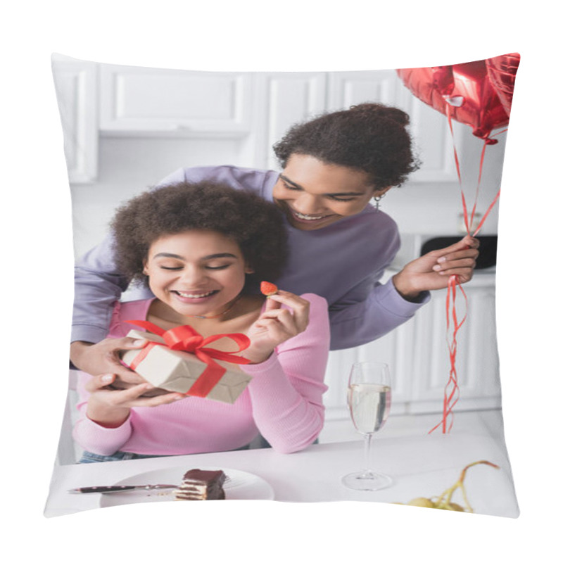 Personality  Smiling African American Man Holding Balloons And Gift Near Girlfriend With Strawberry And Champagne At Home  Pillow Covers