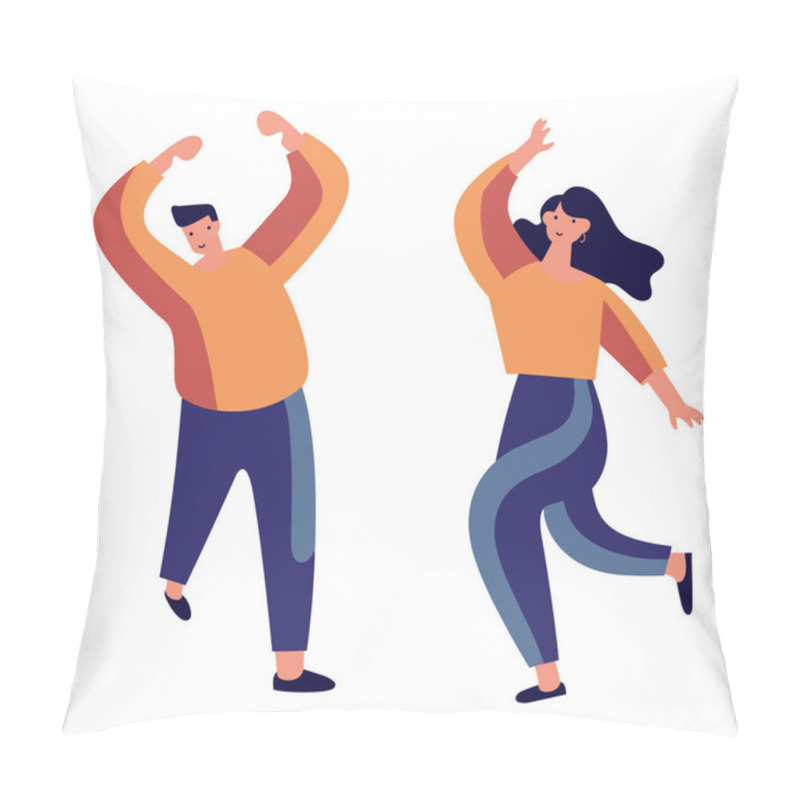 Personality  Two People Dancing Joyfully With Arms Up, Male And Female Happy Dancers. Casual Clothing, Fun Activity, Joyful Mood Vector Illustration. Pillow Covers