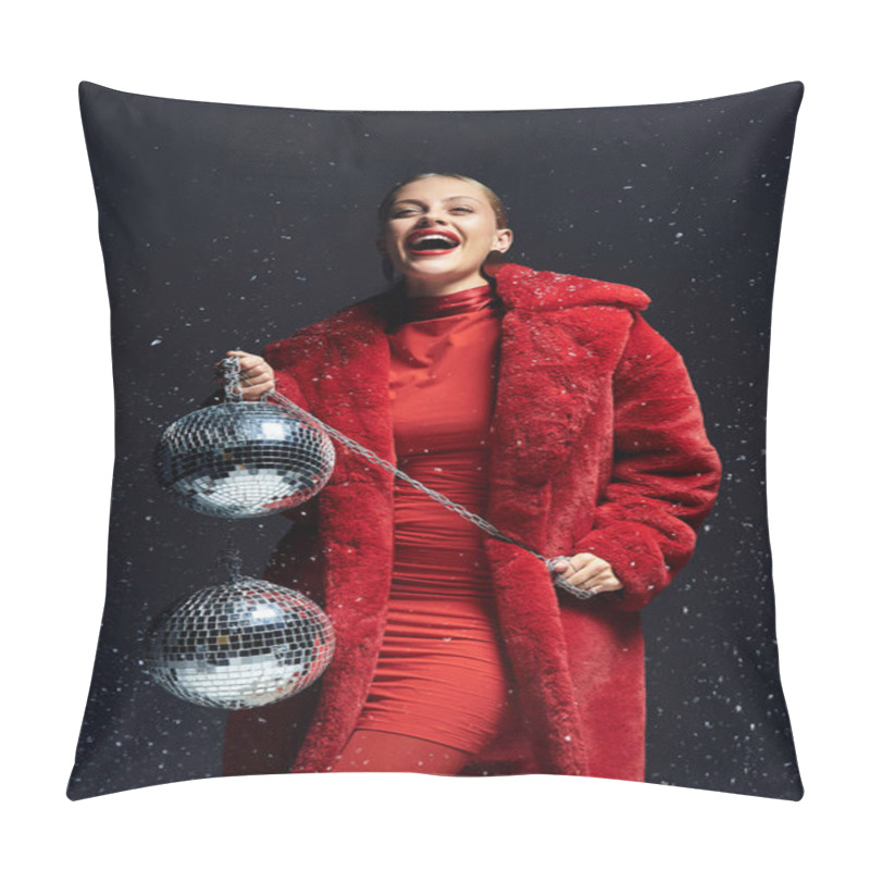 Personality  A Young Woman In Festive Red Holds Sparkling Disco Balls, Embracing Winter Spirit. Pillow Covers