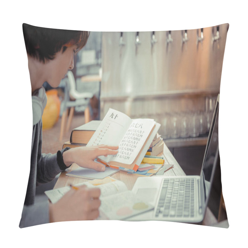 Personality  Teenager Concentratedly Studying Interesting And Sophisticated Eastern Languages Pillow Covers