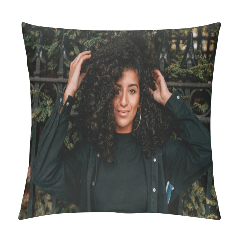 Personality  Portrait Charming Young African Woman With Curly Hair, Street Style Pillow Covers