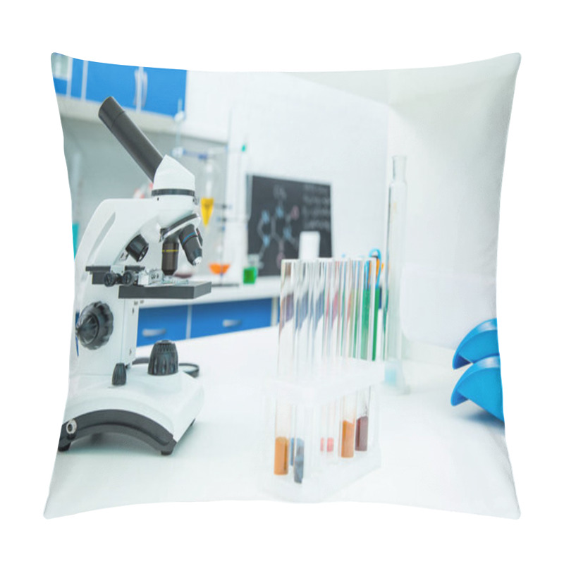 Personality  Microscope And Test Tubes In Laboratory Pillow Covers