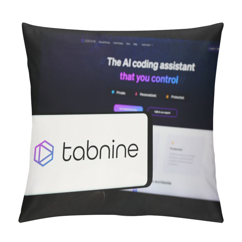 Personality  Stuttgart, Germany - 03-08-2024: Person Holding Smartphone With Logo Of Israeli AI Coding Company Tabnine Ltd. In Front Of Website. Focus On Phone Display. Pillow Covers