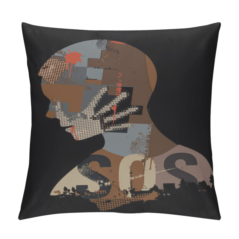 Personality  SOS, Victim Of Violence. Human Head Stylized Silhouette With Hand Print On The Face Symbolizing Violence And War. Vector Available. Pillow Covers