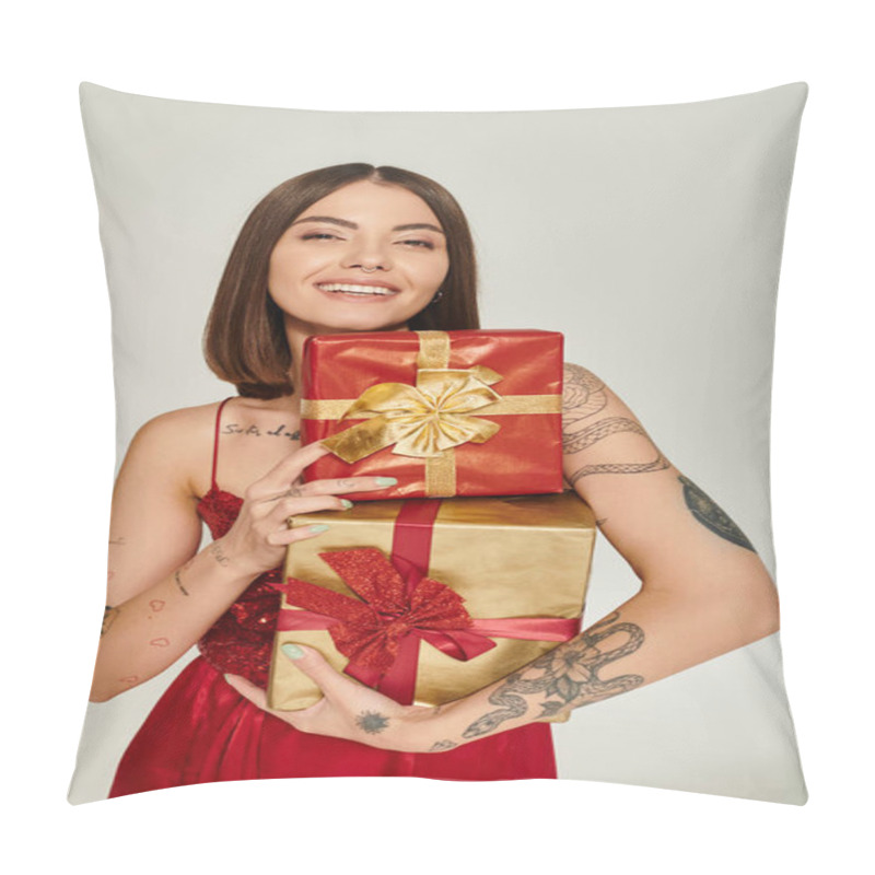 Personality  Attractive Cheerful Woman Holding Pile Of Presents And Smiling At Camera, Holiday Gifts Concept Pillow Covers