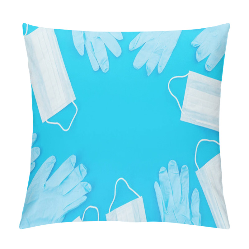 Personality  Medical Masks For Protection From Virus And Bacteria On A Blue Background. Epidemic Concept. Flat Lay. Top View Pillow Covers