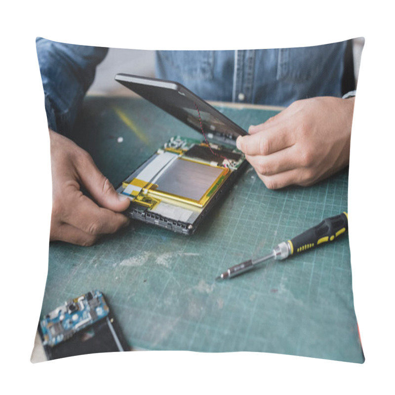 Personality  Close Up View Of Repairman Hands Disassembling Broken Digital Tablet Near Screwdriver At Workplace Pillow Covers