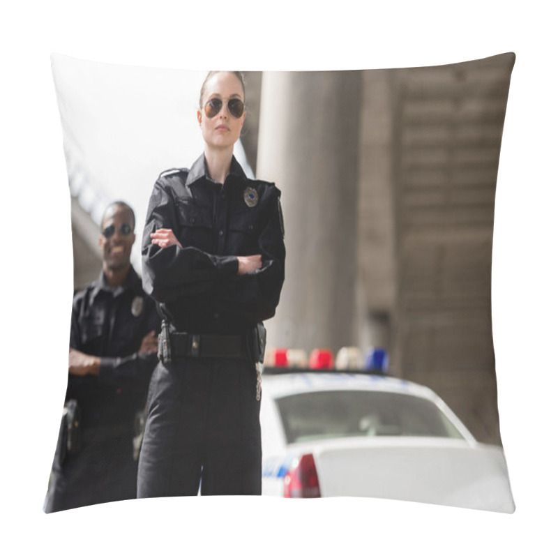 Personality  Young Police Officers With Crossed Arms Looking At Camera In Front Of Car Pillow Covers