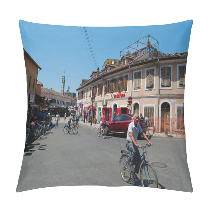 Personality  ALBANIA, SHKODER, JULY 7, 2019: Road Traffic In Shkoder Or Shkodra City, Historically Known As Scutari Or Scodra, Balkans, Republic Of Albania Pillow Covers