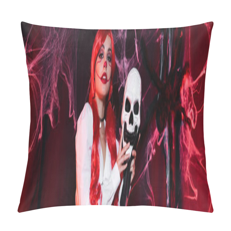 Personality  Redhead Woman In Clown Makeup Holding Skull Mask Near Spiderweb On Dark Background, Banner Pillow Covers