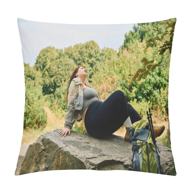 Personality  A Beautiful Plus Size Woman Relaxes On A Large Rock Surrounded By Lush Greenery In Nature. Pillow Covers