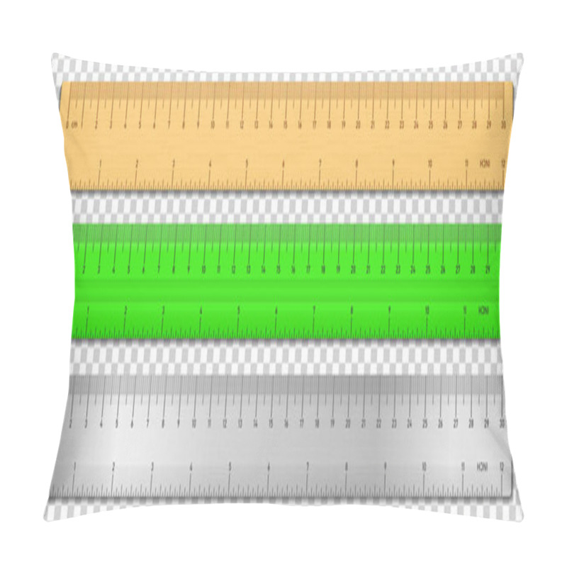 Personality  Realistic Tape Rulers Set Isolated On Transparent Background. Plastic, Metal And Wooden Double Sided Measurement In Cm And Inches. Vector Illustration Pillow Covers