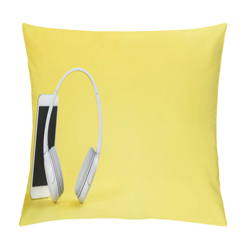 Personality  Wireless Gray Headphones With Mobile On Illuminating Yellow Background Pillow Covers