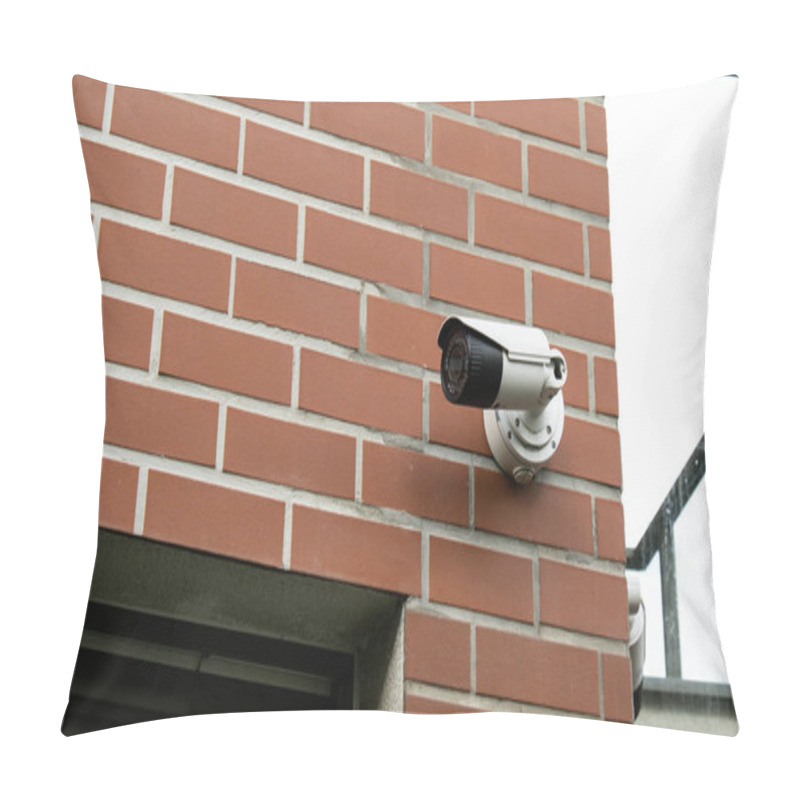 Personality  Close-up Of Security Camera On Private Building. Focus On Security CCTV Camera Monitoring System With Panoramic View. Technology Concept. Surveillance Video Equipment Outdoor Safety System Area Pillow Covers